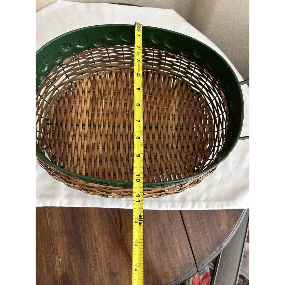 Vintage Wicker Oval Pine Cone Basket Green Metal Handles Stamped Pine Cones READ